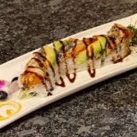 Dragon Roll · Shrimp tempura and cucumber roll topped with eel, avocado, and tobiko.