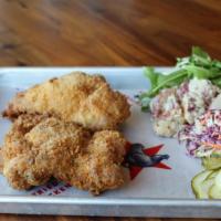 Large Plate · 2 Piece Luxury Fried Chicken, Southern Slaw, Pickles, Potato Salad, & Simple Arugula Salad