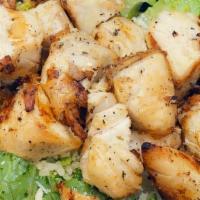 Grilled Chicken Caesar · Grilled chicken, romaine lettuce, parmesan cheese, croutons, & caesar dressing.