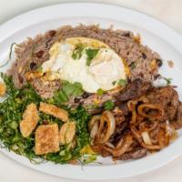 Mexidão · Rice and beans fried with eggs, collard greens, beef, egg.
