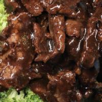 Beef & Broccoli · Stir-fried in light oyster sauce over broccoli. Prepared with extra virgin olive oil and can...