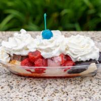 Banana Split · Your choice of 3 toppings and three scoops of ice cream topped with banana, whipped cream, a...