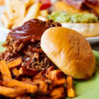 Chipotle Peanut Bbq Pulled Pork Sandwich · Served with your choice of coleslaw, french fries, or sweet potato fries.