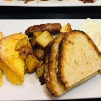 The Grateful · two eggs, sausage, and bacon, brioche French toast, toast, and bliss home fries.
