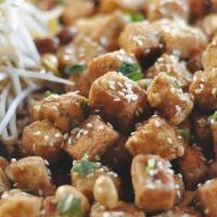 Pennsyltucky Fried Tofu · A large plate of bite-size soy morsels tossed in sweet soy sauce, peanuts, sesame seeds and ...