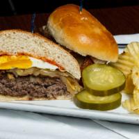 39 North Signature Burger · 8 oz. certified Black Angus with fried onions, Muenster cheese, crumbled bacon, fried egg, a...