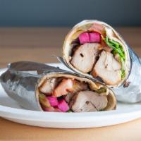Chicken Kebab Roll Up · ALL NATURAL chicken breast marinated, skewered and charbroiled served with lettuce, tomato, ...