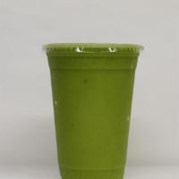 Wicked Green · Spinach, wheatgrass, ginger, bananas, peaches, mango, pineapple, and coconut water.