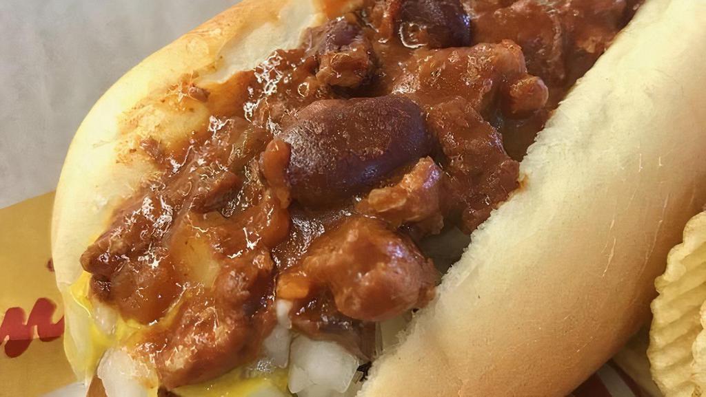 Veggie Dog · All the Ben's goodness without the meat. .  Enjoy the taste of our veggie chili dog.  We recommend it with mustard, onions and our vegan veggie chili.
