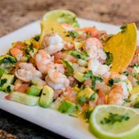 Ceviche De La Casa · Your choice of shrimp or tilapia marinated in lime juice with fresh avocado slices, cucumber...
