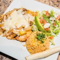 Pollo Hawaiano · Grilled chicken breast cooked with a special pineapple sauce, topped with onions, mushrooms ...