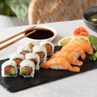 Salmon Combo · Salmon avocado roll and four pieces salmon sushi. Raw or undercooked.