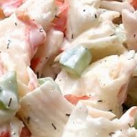 Seafood Salad · Pacific fish and snow crab blended with creamy mayo and black pepper.