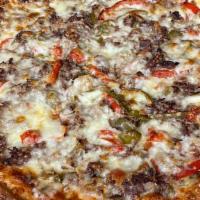 Philly Cheese Steak Pizza · Grilled steak, onions, peppers and american cheese.