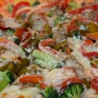 Veggie Pizza · Combination of onions, peppers, mushrooms, tomato, broccoli and olives.