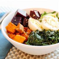 Super Bowl · Oven-roasted beets, zucchini, sweet potatoes, red peppers, quinoa, salted kale, boiled egg a...