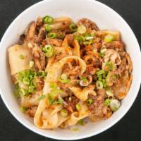 Spicy Pork Knife Cut Noodles · black vinegar, soy, sesame, thai chili, umami oil, roasted pork, scallion
