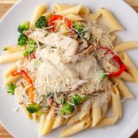 Chicken Broccoli Alfredo · Lemon thyme rosemary chicken breast, penne pasta, broccoli florets, red onions and julienne ...