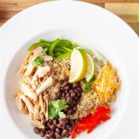 Chicken Taco Bowl · Cilantro lime rice topped with seasoned black beans, southwest chicken, onions and peppers, ...