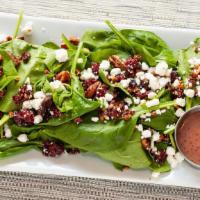 The Goat Salad · Baby spinach, crumbled goat cheese, dried cranberries, toasted pecans, and cranberry citrus ...