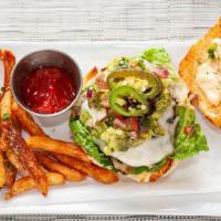 Grilled Chipotle Burger · Wine-marinated beef patty, provolone cheese, lettuce, pico de gallo, guacamole, grilled jala...