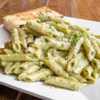 Penne Pesto · Penne, pesto sauce, grilled chicken, and Parmesan cheese.