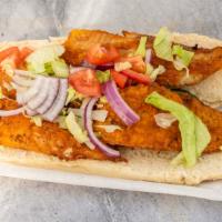 Fish Hoagie · Fried fish with lettuce, tomato, onion in a hoagie bun with choice of white, red, and green ...