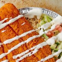 Fish Over Rice · Fried Fish Over Basmati Rice with Side Salad of lettuce, tomato, cucumber, and onion. Gluten...
