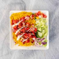 Shrimp Over Rice · Shrimp over seasoned Basmati Rice with Side Salad of lettuce, tomato, cucumber, and onion. G...