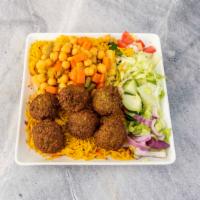 Veggie Lover Combo · Seasoned fried falafel balls and chickpeas over seasoned basmati Rice with Side Salad of let...