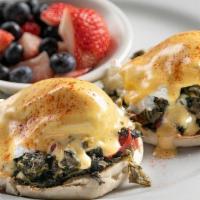 Florentine Benedict · Two poached organic, free-range eggs, braised spinach/roasted red peppers, shallots, holland...