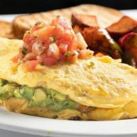 Oaxaca Omelette · 3 organic, free-range eggs, black beans, cheddar cheese, guacamole, pico de gallo with your ...