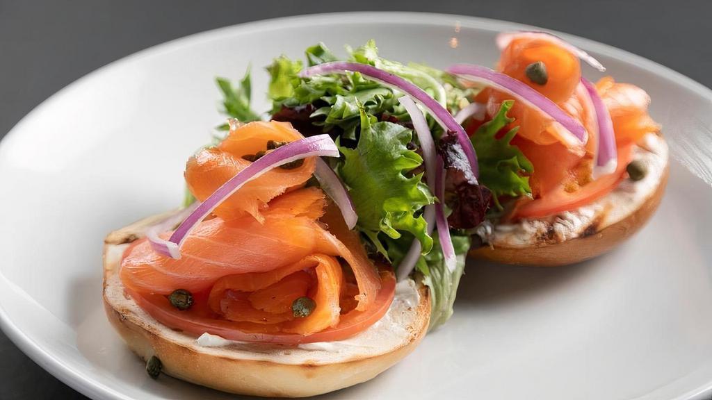 Bagel W/ Lox · Plain bagel with lox, cream cheese, lettuce, tomato, red onion and fresh capers.