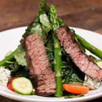 Steak & Asparagus Salad · Sirloin steak, baby kale, fingerling potato, tomato, caramelized onion, cucumbers, gorgonzol...