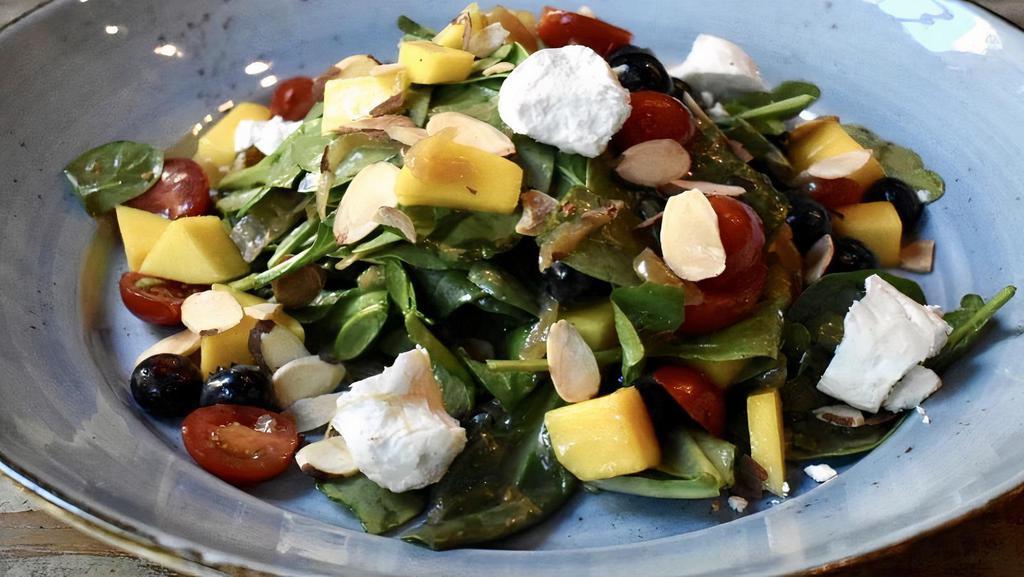 Spinach And Fruit Salad · Baby spinach, mango, blueberries, caramelized onion, grape tomato, goat cheese, roasted almonds, ginger vinaigrette (Vegetarian,  Gluten-Free Friendly).. Possible Allergies: Dairy (goat cheese), Nuts (almonds), Onion.