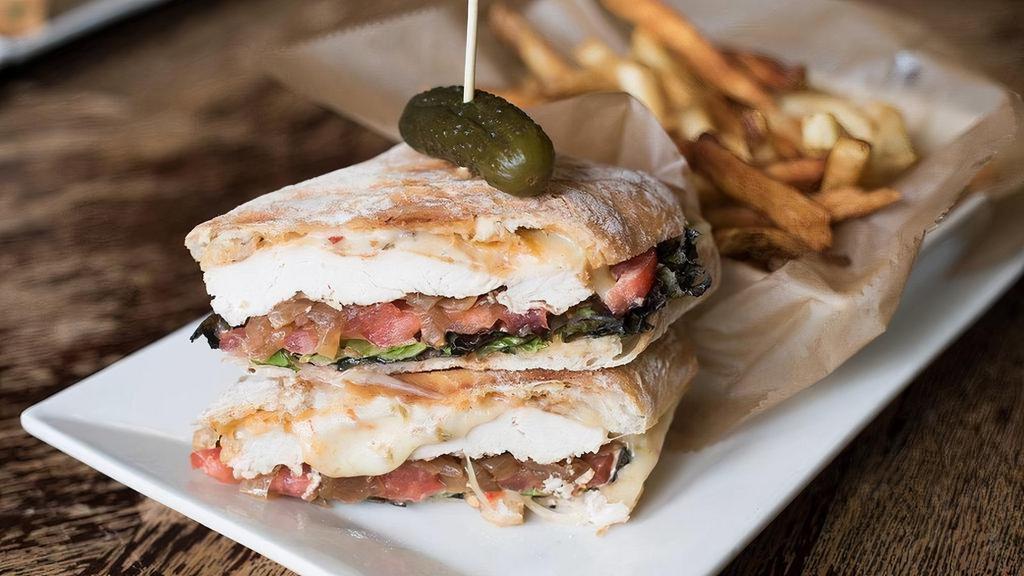 Chicken Panini · Grilled chicken, pepper jack cheese, caramelized onion, spinach, tomato, chipotle mayo, ciabatta bread.. Possible Allergies: Dairy (cheese), Tomato, Onion. Chicken is cage-free, veg-fed and halal.