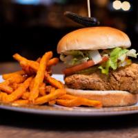 Fried Chicken Sandwich · Cage-free, veg-fed, halal fried chicken, buttermilk, shredded lettuce, tomato, dill pickles,...