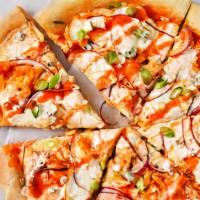 Bbq Chicken Pizza · Juicy and tangy grilled chicken pizza with BBQ sauce, red onions, and mozzarella.