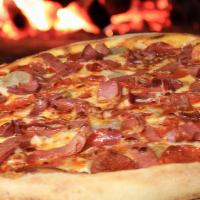 Carne Pizza (Medium) · Sweet Italian sausage, Genoa salami, pepperoni slices and prosciutto with tomato sauce, topp...