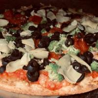Vegan Delight (100% Vegan!) · Good Planet vegan cheese, red sauce, black olives, roasted tomatoes, artichokes, broccoli fl...