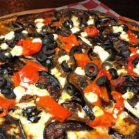 Simply Mediterranean (Veggies & Feta) · Sliced black olives, roasted eggplant, roasted red peppers, red sauce, olive oil, feta, our ...