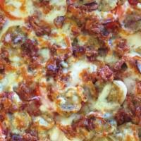 Sunrise Pie (Meats & Veggies) · Charbroiled Italian sausage, apple wood smoked bacon, sliced tomato, sliced potato, white on...