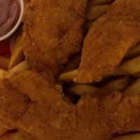 Kid'S~Chicken Tenders & Fries · Boneless breaded chicken fingers served with french fries and ketchup