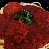 Spaghetti & Meatballs · Topped with 4 Meatballs and with our house~made Marinara.