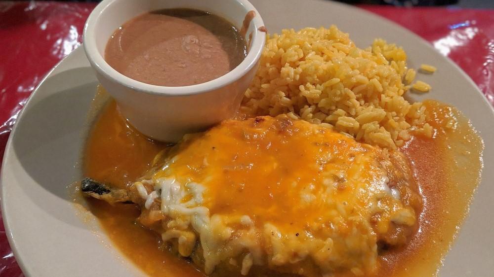 Chiles Rellenos · Stuffed peppers. Ground beef and cheese. Served with beans and rice.