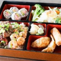 Bento Beef & Shrimp · Your choice of hibachi. Served with mixed vegetable, rice or noodles. Plus four pieces of Ca...