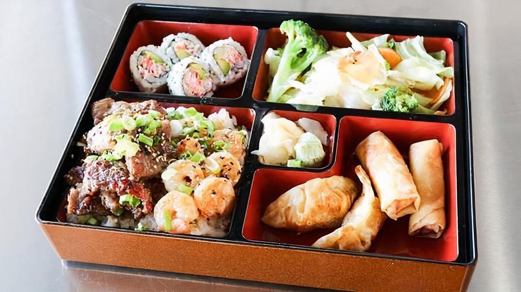 Bento Beef & Shrimp · Your choice of hibachi. Served with mixed vegetable, rice or noodles. Plus four pieces of California roll, two pieces of chicken dumpling, two pieces of spring roll.