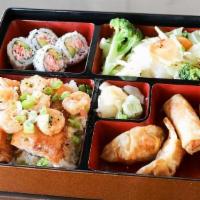 Bento Salmon & Shrimp · Your choice of Hibachi. Served with Mixed Vegetable, Rice or Noodles. Plus 4 pieces of Calif...