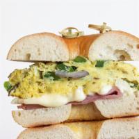 The Westerner · Ham, pepper jack cheese, scrambled eggs with a mix of onion and peppers.