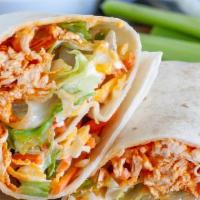  Buffalo Chicken Wrap · Chicken breast, buffalo sauce, tomato, onion, and lettuce with bagel chips and pickle on the...